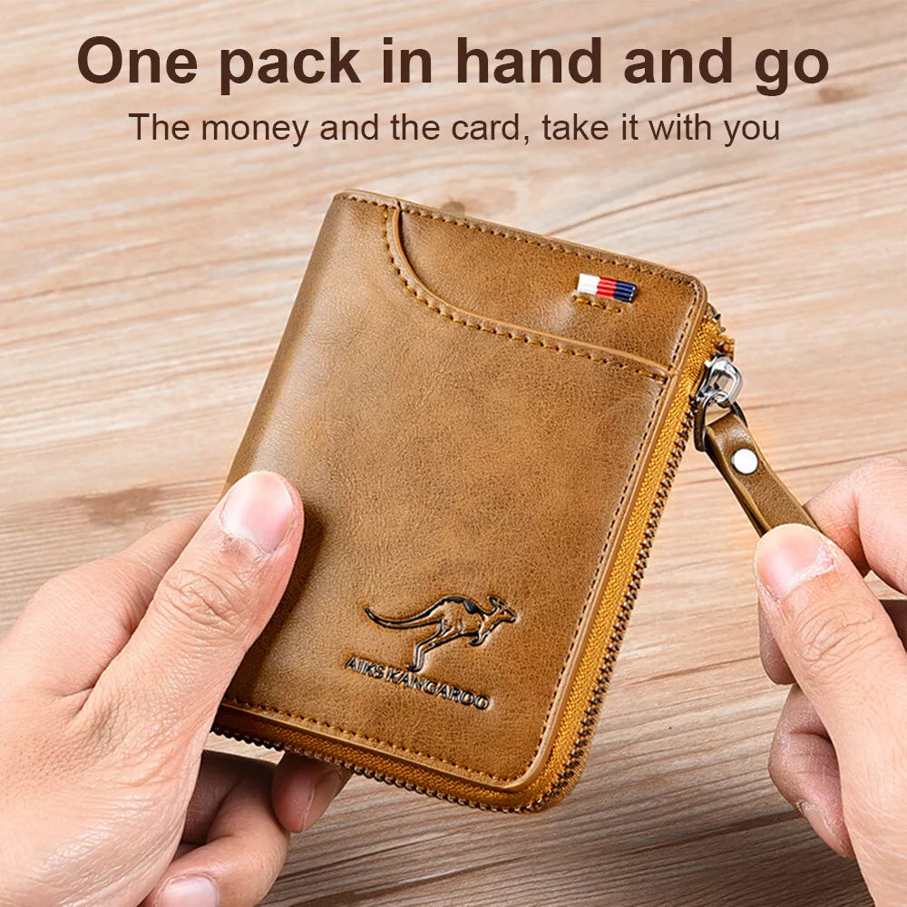 Men’s RFID Blocking Wallet with Zipper Multi Credit Card Holder Khaki + Brown + Black