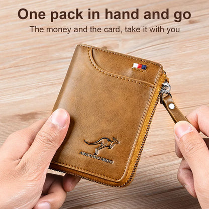 Men’s RFID Blocking Wallet with Zipper Multi Credit Card Holder Khaki + Brown + Black
