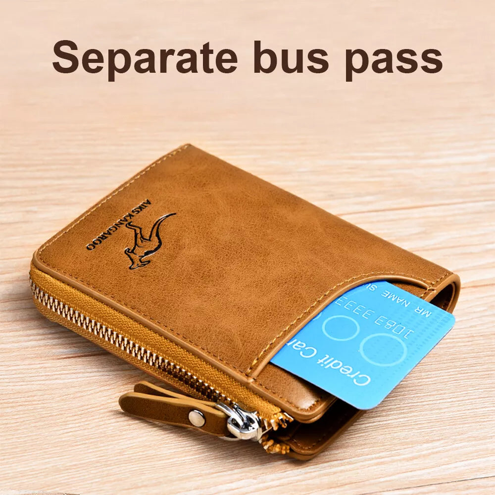 Men’s RFID Blocking Wallet with Zipper Multi Credit Card Holder Khaki + Brown + Black