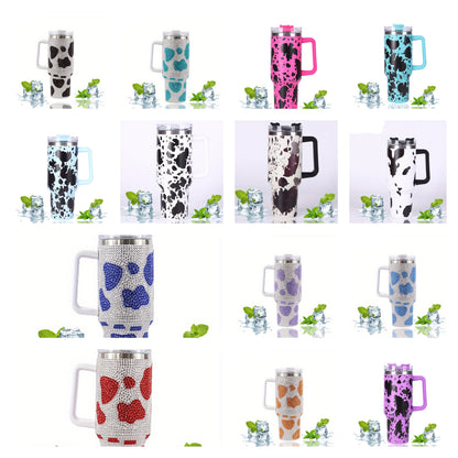 Stainless Steel Insulated Cow Print Tumbler – 40oz Travel Mug with Handle and Straw Lid, Heat-Preserving, Perfect Gift for Camping, Sports, and Outdoor Adventures
