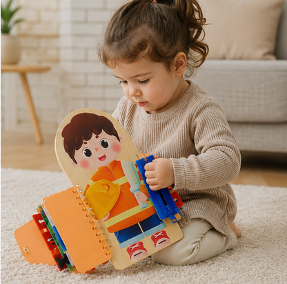 Multi-Layer Busy Board - Montessori Sensory Activity Toy for Dressing Practice, Fine Motor Skills and Learning