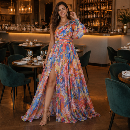 Off Shoulder Slit Dress Women - Long Sleeve Waist Tie Holiday Party Dress, Elegant Printed Fashion Outfit for Evening and Casual Wear