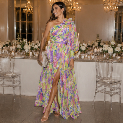 Off Shoulder Slit Dress Women - Long Sleeve Waist Tie Holiday Party Dress, Elegant Printed Fashion Outfit for Evening and Casual Wear