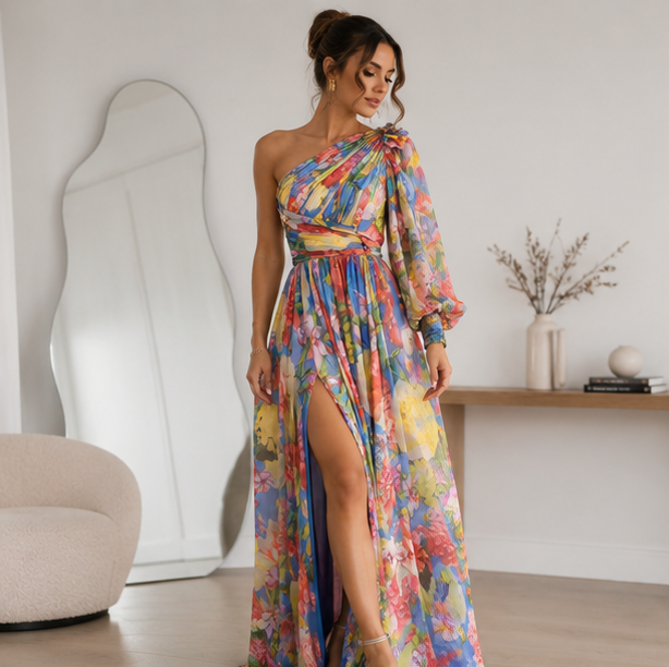 Off Shoulder Slit Dress Women - Long Sleeve Waist Tie Holiday Party Dress, Elegant Printed Fashion Outfit for Evening and Casual Wear