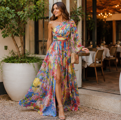 Off Shoulder Slit Dress Women - Long Sleeve Waist Tie Holiday Party Dress, Elegant Printed Fashion Outfit for Evening and Casual Wear