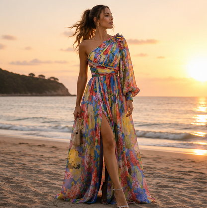 Off Shoulder Slit Dress Women - Long Sleeve Waist Tie Holiday Party Dress, Elegant Printed Fashion Outfit for Evening and Casual Wear