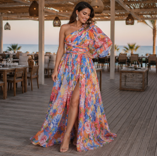 Off Shoulder Slit Dress Women - Long Sleeve Waist Tie Holiday Party Dress, Elegant Printed Fashion Outfit for Evening and Casual Wear