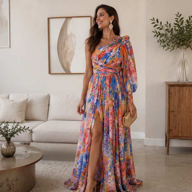 Off Shoulder Slit Dress Women - Long Sleeve Waist Tie Holiday Party Dress, Elegant Printed Fashion Outfit for Evening and Casual Wear