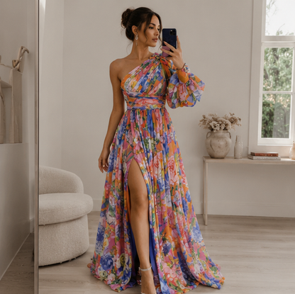 Off Shoulder Slit Dress Women - Long Sleeve Waist Tie Holiday Party Dress, Elegant Printed Fashion Outfit for Evening and Casual Wear
