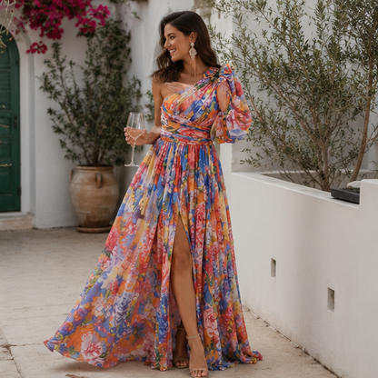Off Shoulder Slit Dress Women - Long Sleeve Waist Tie Holiday Party Dress, Elegant Printed Fashion Outfit for Evening and Casual Wear
