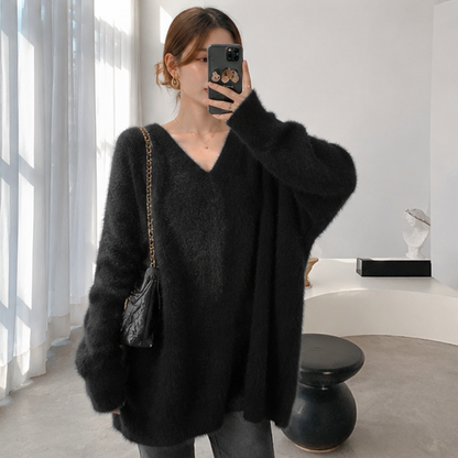 Oversized Knit Pullover Sweater – Women’s Loose Round Neck Long Sleeve Top for Cozy Autumn Winter Layering