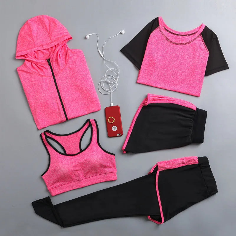 Women’s Outdoor Sportswear Set – 5-Piece Quick-Dry Yoga T-Shirt, Bra, Shorts, Coat & Pants for Running, Gym, and Fitness