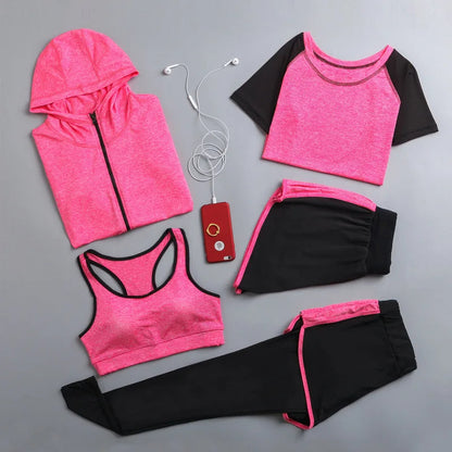 Women’s Outdoor Sportswear Set – 5-Piece Quick-Dry Yoga T-Shirt, Bra, Shorts, Coat & Pants for Running, Gym, and Fitness