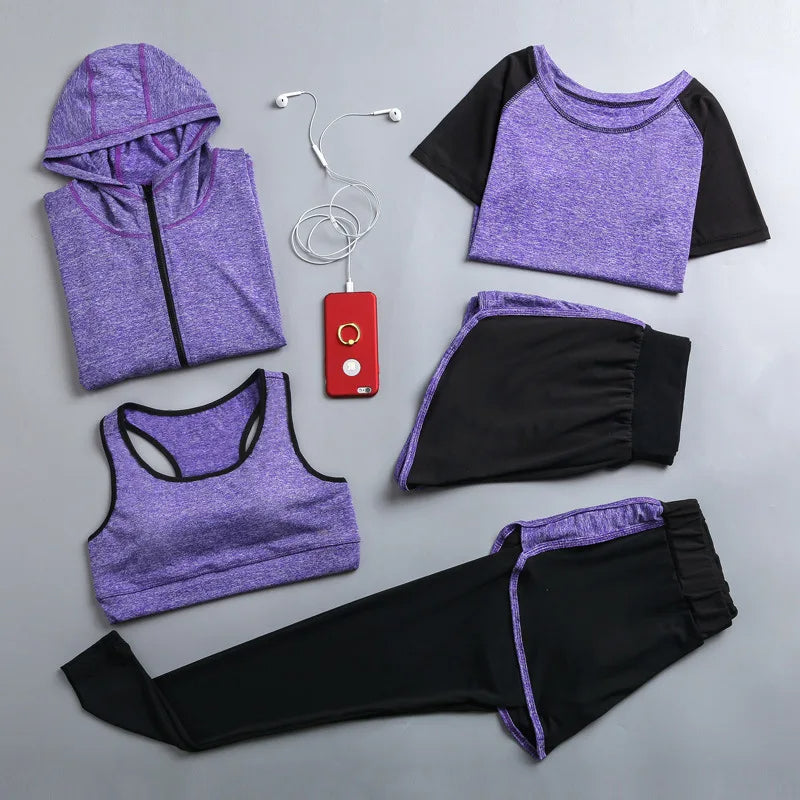 Women’s Outdoor Sportswear Set – 5-Piece Quick-Dry Yoga T-Shirt, Bra, Shorts, Coat & Pants for Running, Gym, and Fitness