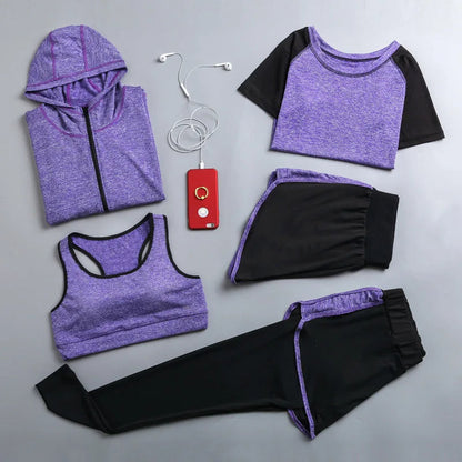 Women’s Outdoor Sportswear Set – 5-Piece Quick-Dry Yoga T-Shirt, Bra, Shorts, Coat & Pants for Running, Gym, and Fitness