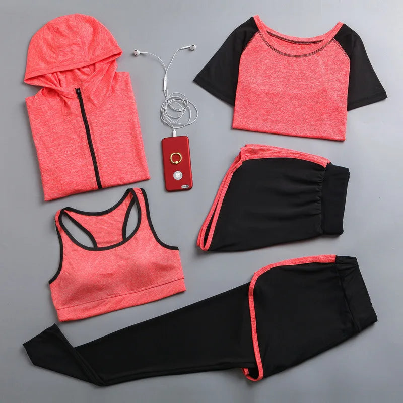 Women’s Outdoor Sportswear Set – 5-Piece Quick-Dry Yoga T-Shirt, Bra, Shorts, Coat & Pants for Running, Gym, and Fitness