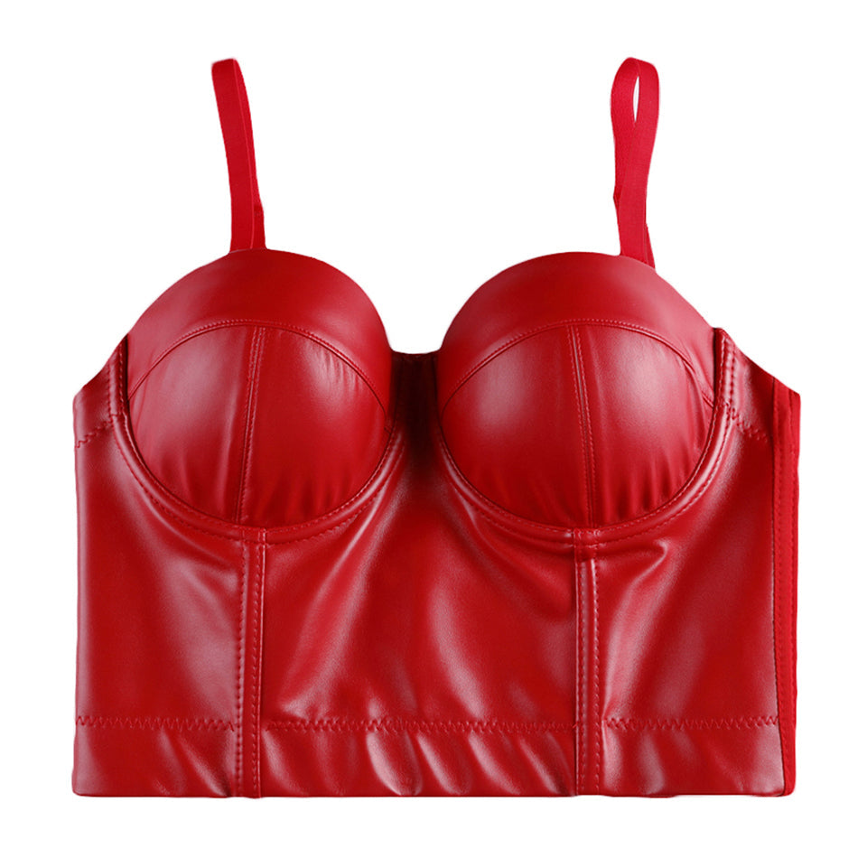 Women Leather Corset Top Crop Bustier – Gothic Bodice Push-Up Corselet Lingerie Party Crop Camis Top