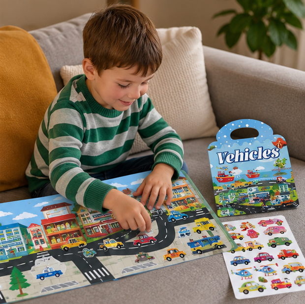 Reusable Sticker Activity Book - Montessori Travel Toy with Multi-Themed Bubble Stickers for Creative Learning