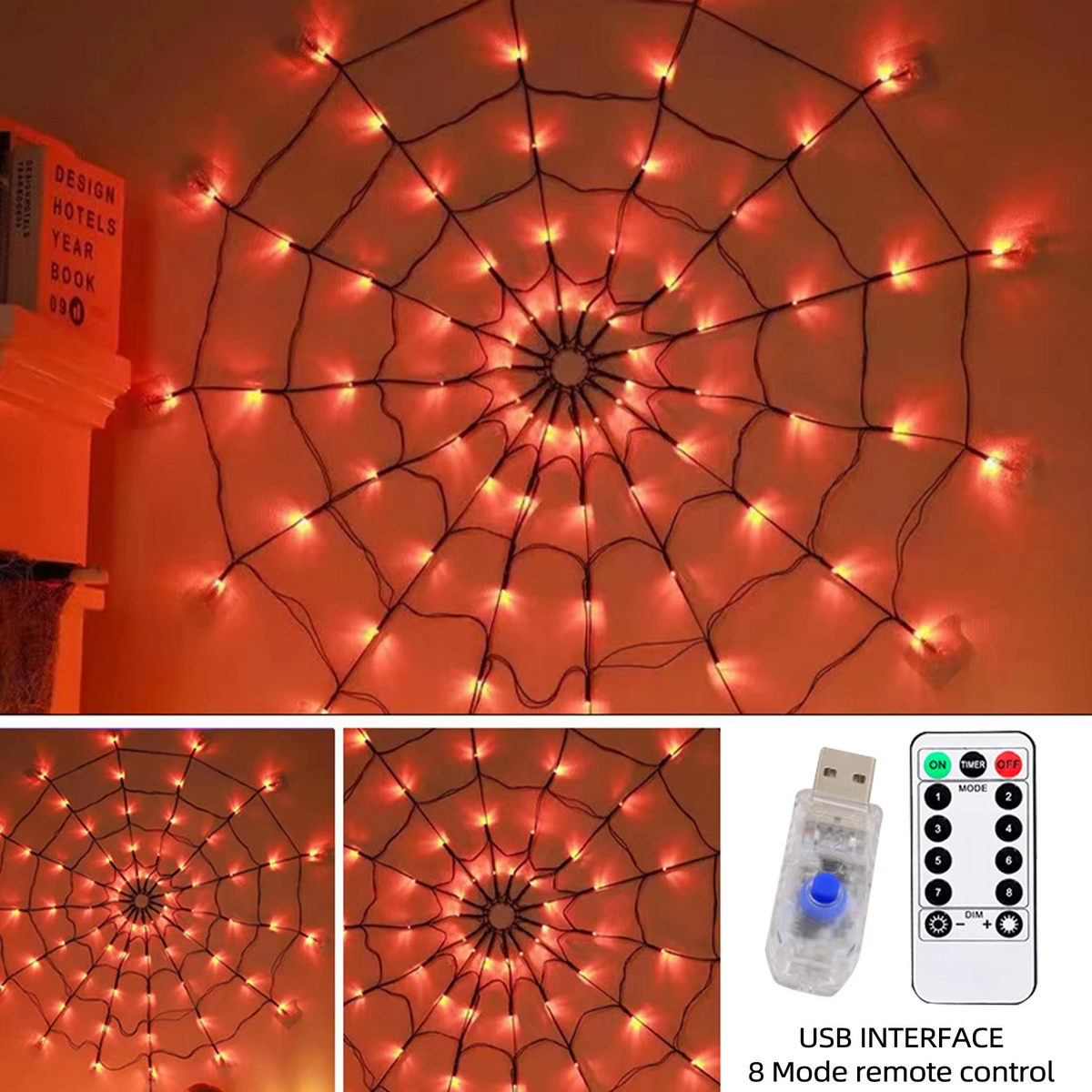 Halloween Spider Web LED String Lights – Orange Glowing Spider Net with Black Spider for Indoor, Outdoor, Haunted House and Party Decor
