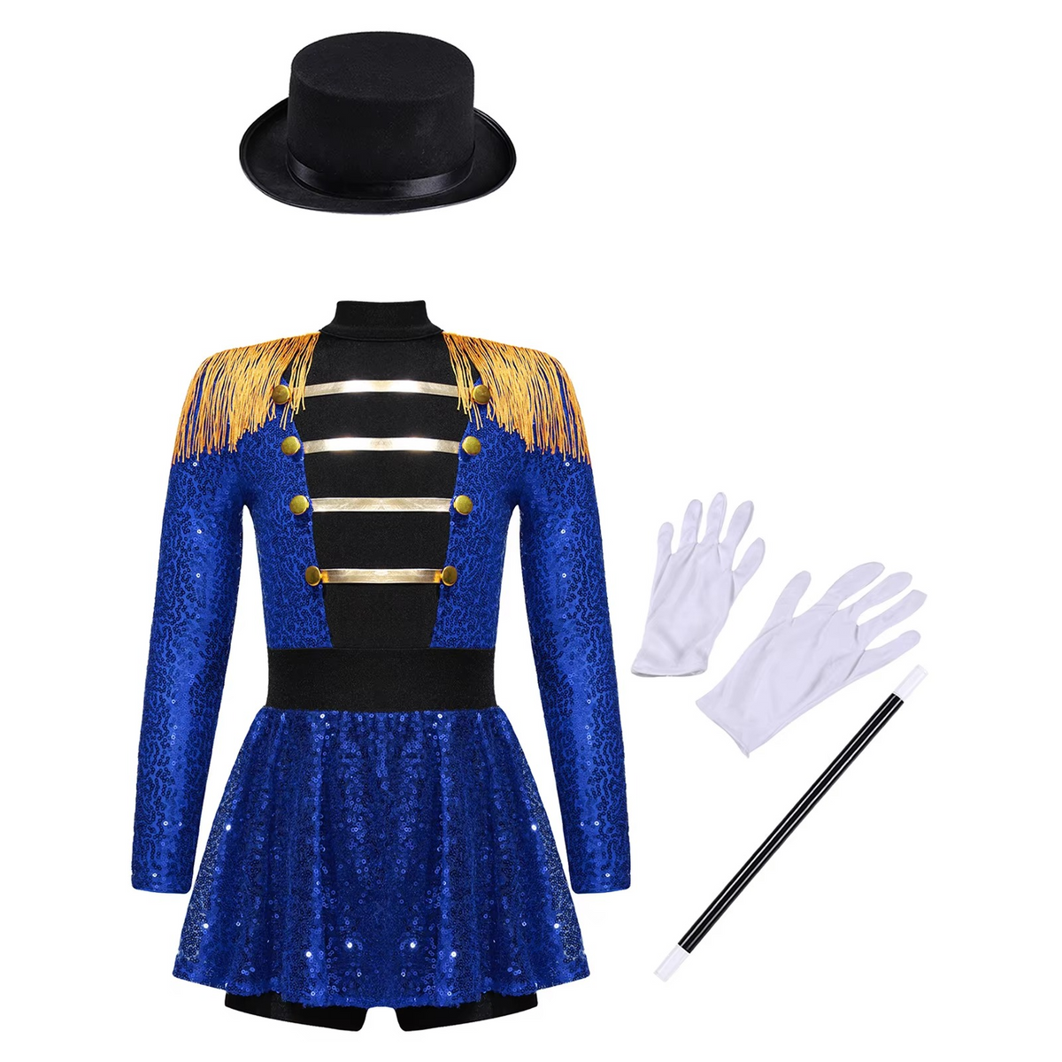 Girls Sequin Magician Costume – Circus Ringmaster Bodysuit Jumpsuit with Hat, Gloves & Magic Wand for Halloween, Stage Performances and Dress-Up