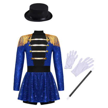 Girls Sequin Magician Costume – Circus Ringmaster Bodysuit Jumpsuit with Hat, Gloves & Magic Wand for Halloween, Stage Performances and Dress-Up