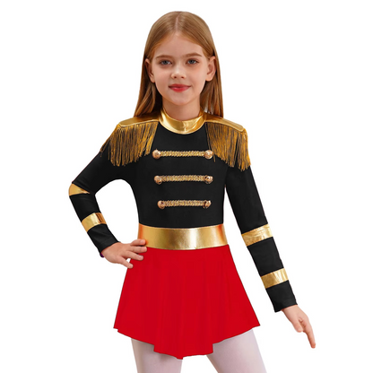 Girls Sequin Magician Costume – Circus Ringmaster Bodysuit Jumpsuit with Hat, Gloves & Magic Wand for Halloween, Stage Performances and Dress-Up