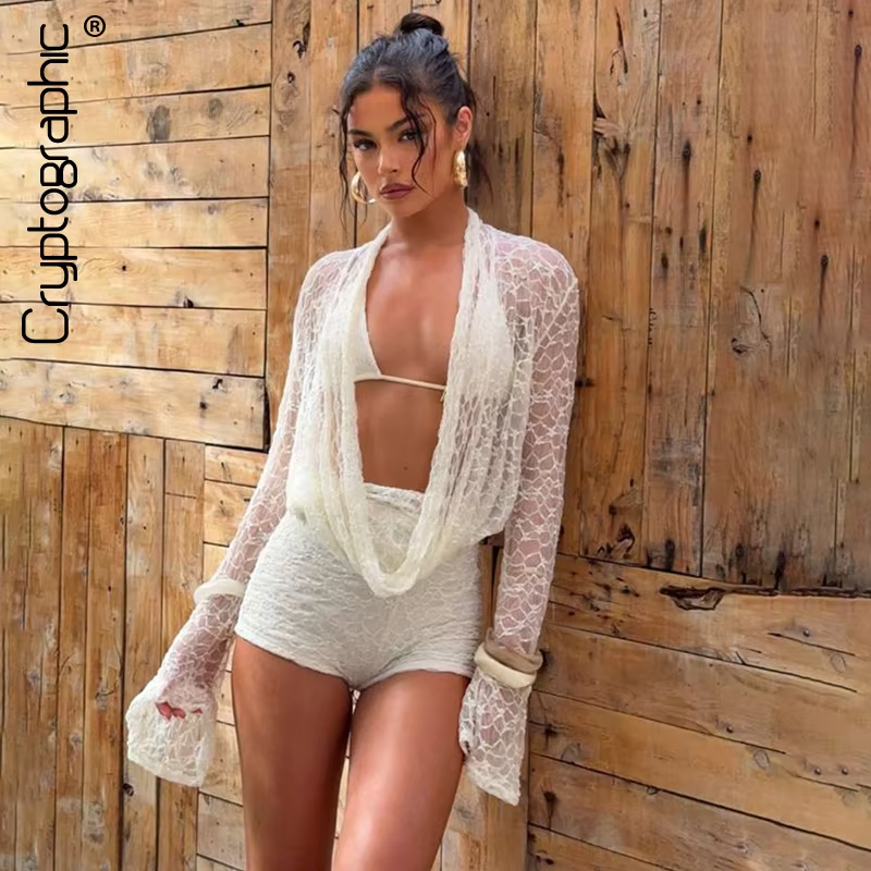Women’s Halter Beach Set – 3-Piece Draped Bikini Top, Lace-Up Shorts & Long-Sleeve Cover-Up for Swimwear, Vacations and Summer Outfits