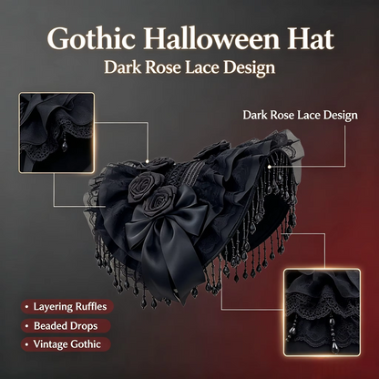Gothic Halloween Cosplay Hat – Black Lace Cap with Pearl Tassels, Bow & Feather Details for Girls, Costume Parties and Photo Props