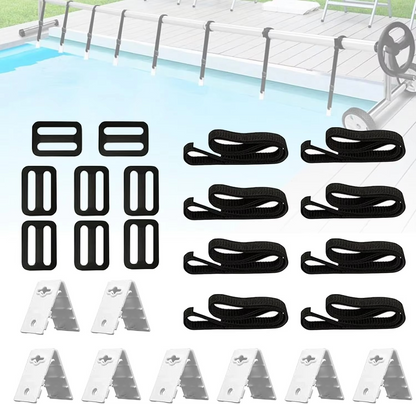 Swimming Pool Cover Reel Strap Kit – 8-Piece Adjustable Attachment Straps & Clips for Solar Cover Rollers, Storage Spools and Pool Covers