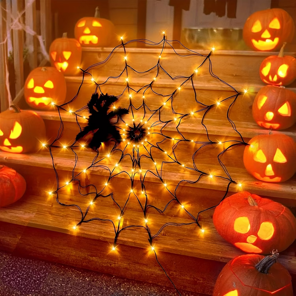 Halloween Spider Web LED String Lights – Orange Glowing Spider Net with Black Spider for Indoor, Outdoor, Haunted House and Party Decor