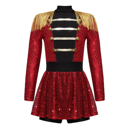 Girls Sequin Magician Costume – Circus Ringmaster Bodysuit Jumpsuit with Hat, Gloves & Magic Wand for Halloween, Stage Performances and Dress-Up