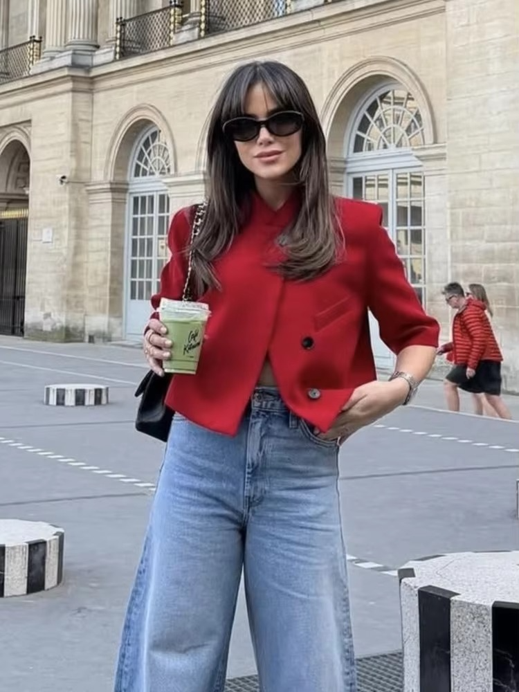 Women’s Cropped Blazer – Chic High-Neck Short-Sleeve Jacket with Button Detail for Spring, Summer, Office Wear and Casual Outfits