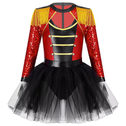 Girls Sequin Magician Costume – Circus Ringmaster Bodysuit Jumpsuit with Hat, Gloves & Magic Wand for Halloween, Stage Performances and Dress-Up