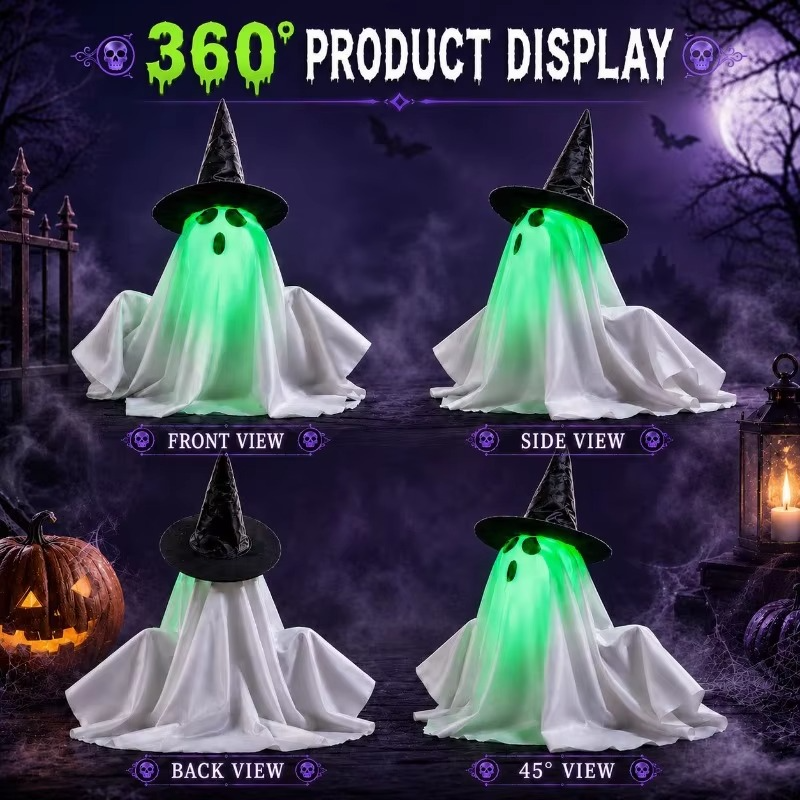 Rising Halloween Ghost Decoration – Animated Witch Hat Ghost with Glowing Green Face & Spooky Sound Effects for Tabletop, Haunted Houses and Parties