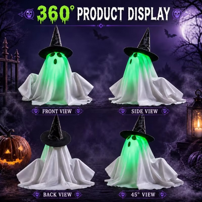 Rising Halloween Ghost Decoration – Animated Witch Hat Ghost with Glowing Green Face & Spooky Sound Effects for Tabletop, Haunted Houses and Parties