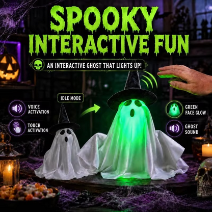 Rising Halloween Ghost Decoration – Animated Witch Hat Ghost with Glowing Green Face & Spooky Sound Effects for Tabletop, Haunted Houses and Parties