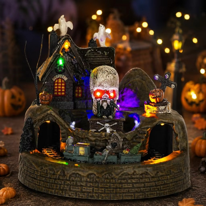 Halloween Village Train Decoration – LED Light-Up Musical Haunted House Display with Ghost & Skeleton Figurines for Tabletop and Holiday Decor