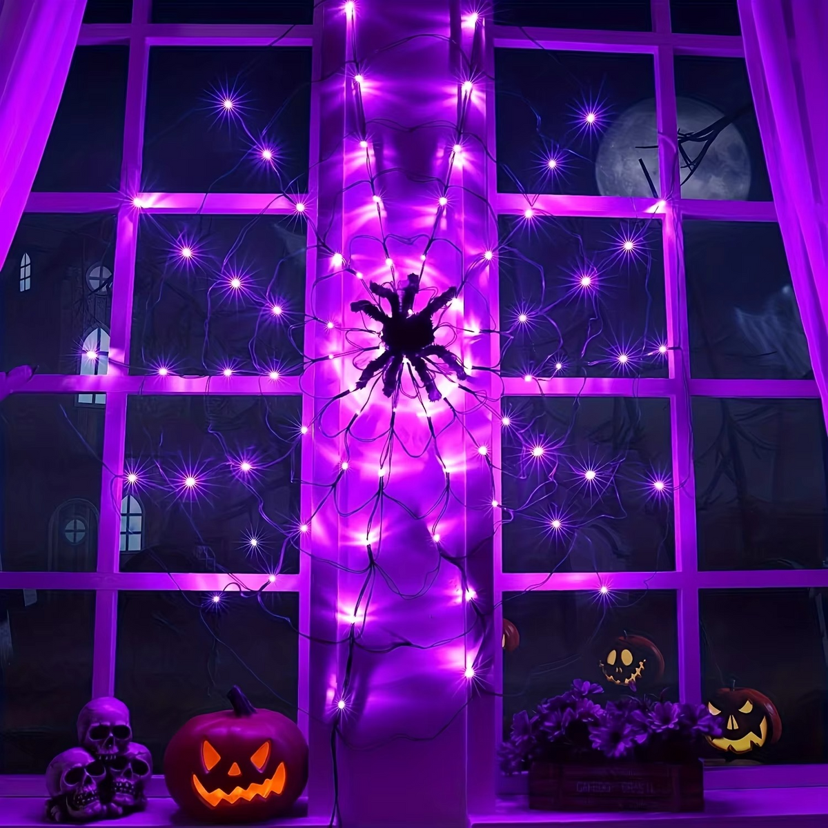 Halloween Spider Web LED String Lights – Orange Glowing Spider Net with Black Spider for Indoor, Outdoor, Haunted House and Party Decor