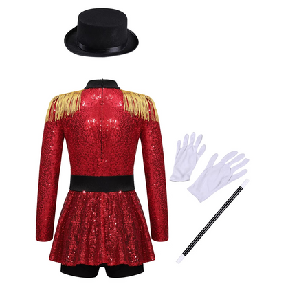 Girls Sequin Magician Costume – Circus Ringmaster Bodysuit Jumpsuit with Hat, Gloves & Magic Wand for Halloween, Stage Performances and Dress-Up