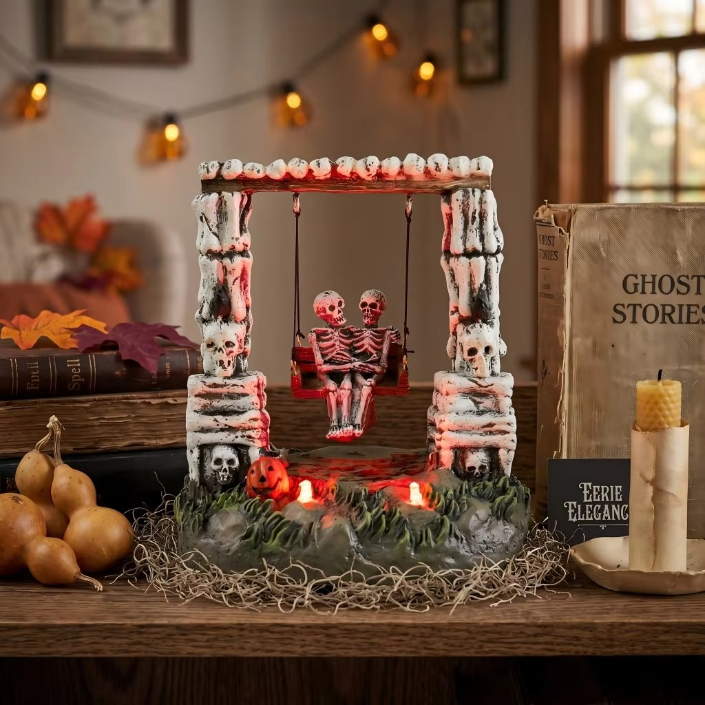 Swinging Skeleton Couple Decoration – LED Light-Up Animated Halloween Figurine for Spooky Village Displays, Tabletop Decor, Haunted Houses and Holiday Parties