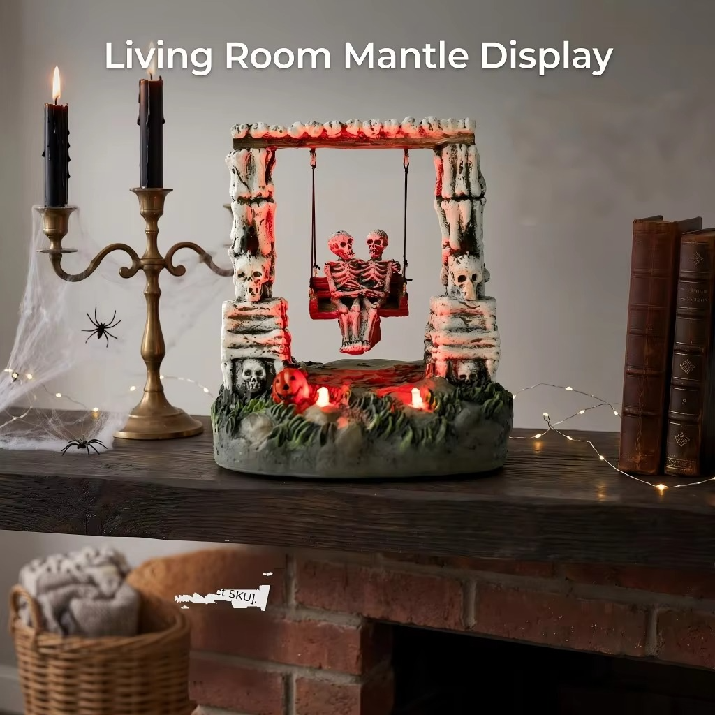Swinging Skeleton Couple Decoration – LED Light-Up Animated Halloween Figurine for Spooky Village Displays, Tabletop Decor, Haunted Houses and Holiday Parties