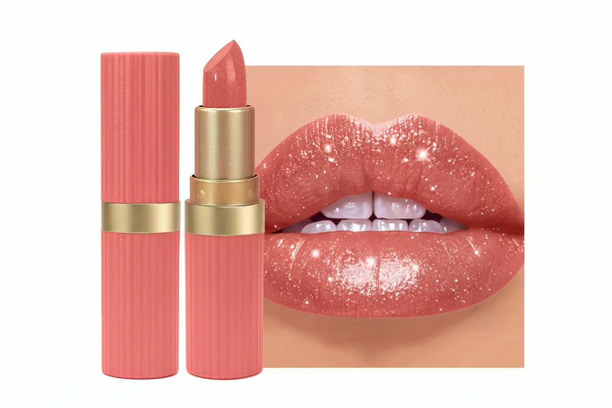 Pearlescent Pink Glitter Lipstick – Metallic Matte Shimmer Lip Color with Waterproof, Long-Lasting Finish for Sparkling Diamond-Look Makeup