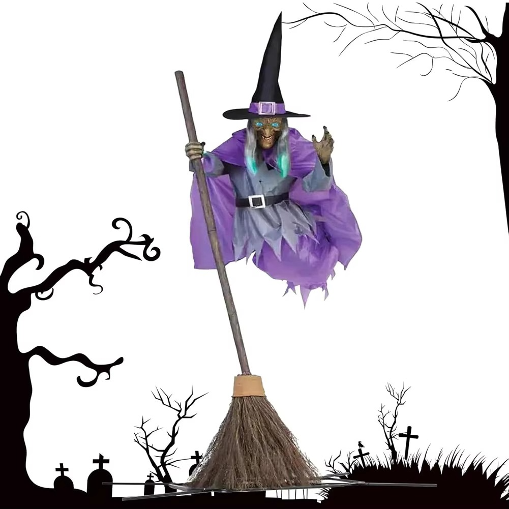 Halloween Flying Witch Decoration – Light-Up LED Hanging Witch with Creepy Screaming Sounds for Garden, Yard, Lawn and Indoor Halloween Displays