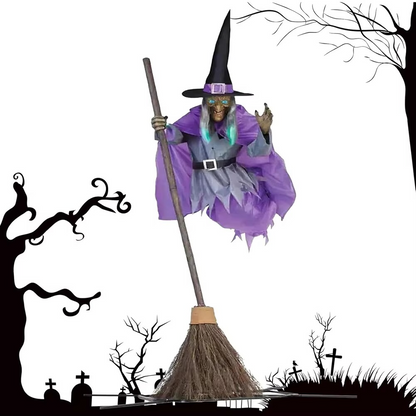 Halloween Flying Witch Decoration – Light-Up LED Hanging Witch with Creepy Screaming Sounds for Garden, Yard, Lawn and Indoor Halloween Displays