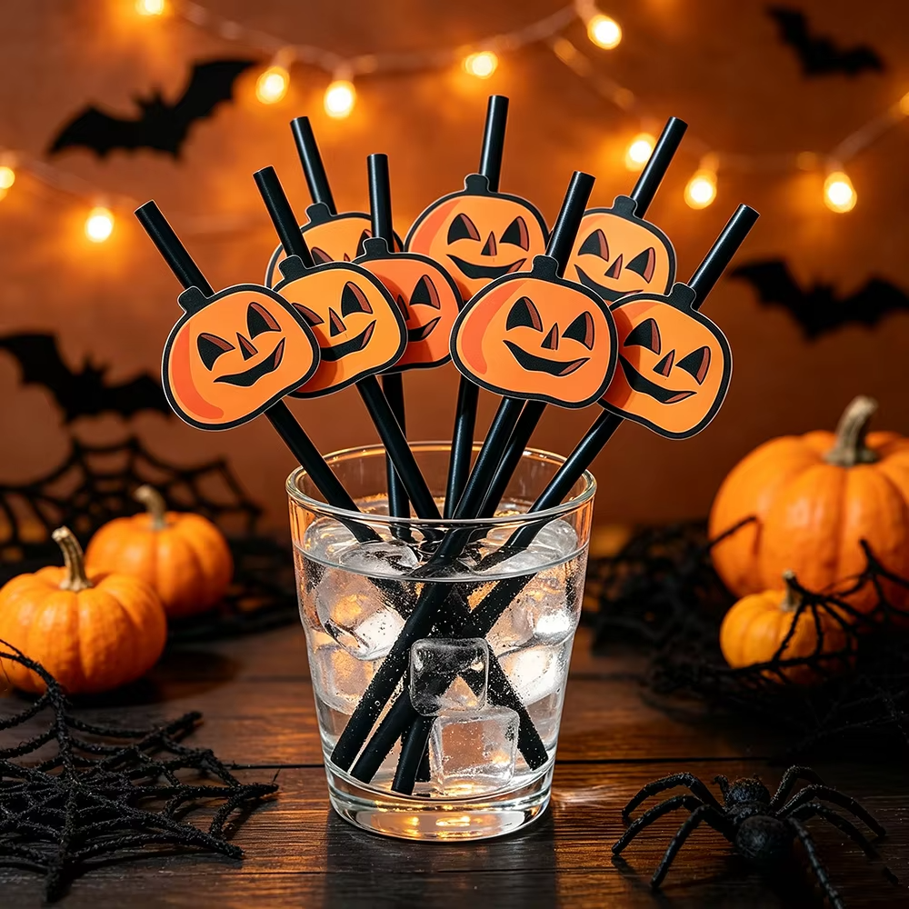 Halloween Disposable Paper Straws – 20–100 Piece Pumpkin Face Drinking Straws for Holiday Parties, Dinner Tables, Decorations and Party Favors