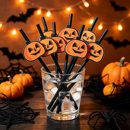 Halloween Disposable Paper Straws – 20–100 Piece Pumpkin Face Drinking Straws for Holiday Parties, Dinner Tables, Decorations and Party Favors
