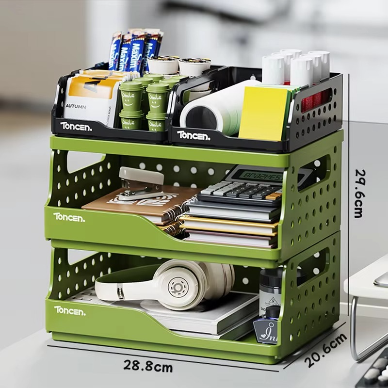 Stackable Office Desk Organizer – 3-Tier Storage Box with 2 Large and 2 Small Compartments for Documents, Stationery and Desktop Organization