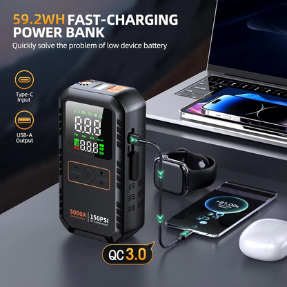Car Jump Starter with Air Compressor – 5000A Portable Battery Booster with 150 PSI Tire Inflator for Cars, Bikes and Motorcycles