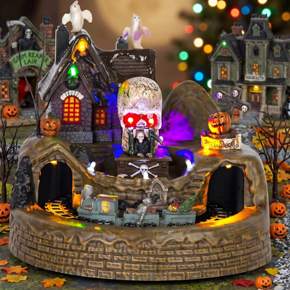 Halloween Village Train Decoration – LED Light-Up Musical Haunted House Display with Ghost & Skeleton Figurines for Tabletop and Holiday Decor