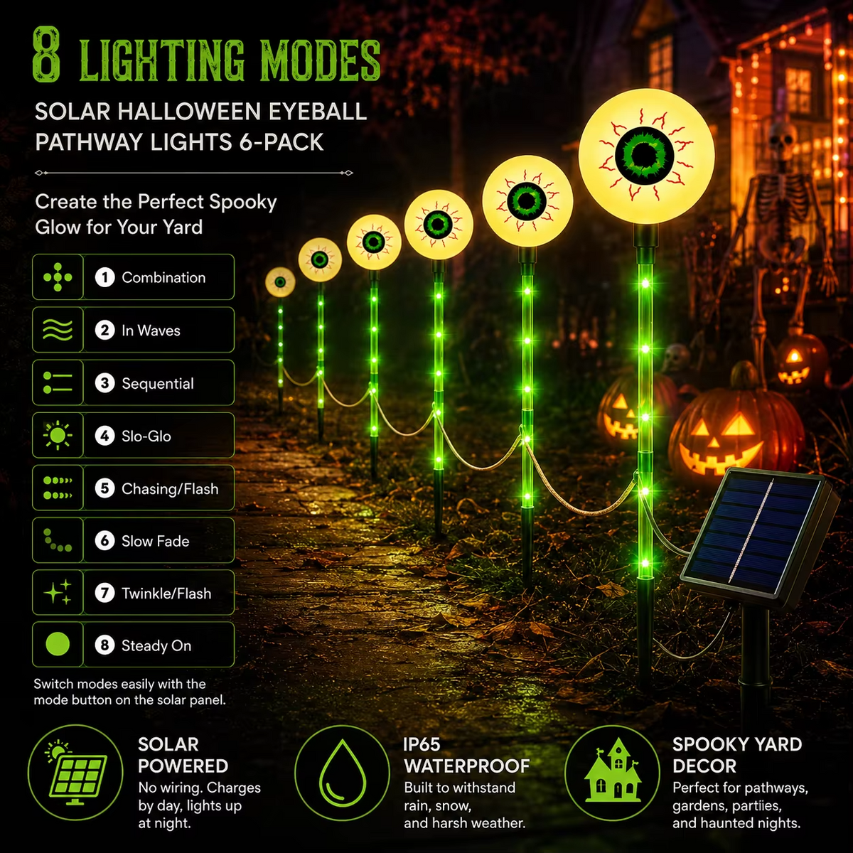 Solar Halloween Eyeball Lights – 6-Pack  IP65 Waterproof Glowing Eye Garden Lights for Outdoor Yards, Pathways, Lawns and Halloween Party Decor